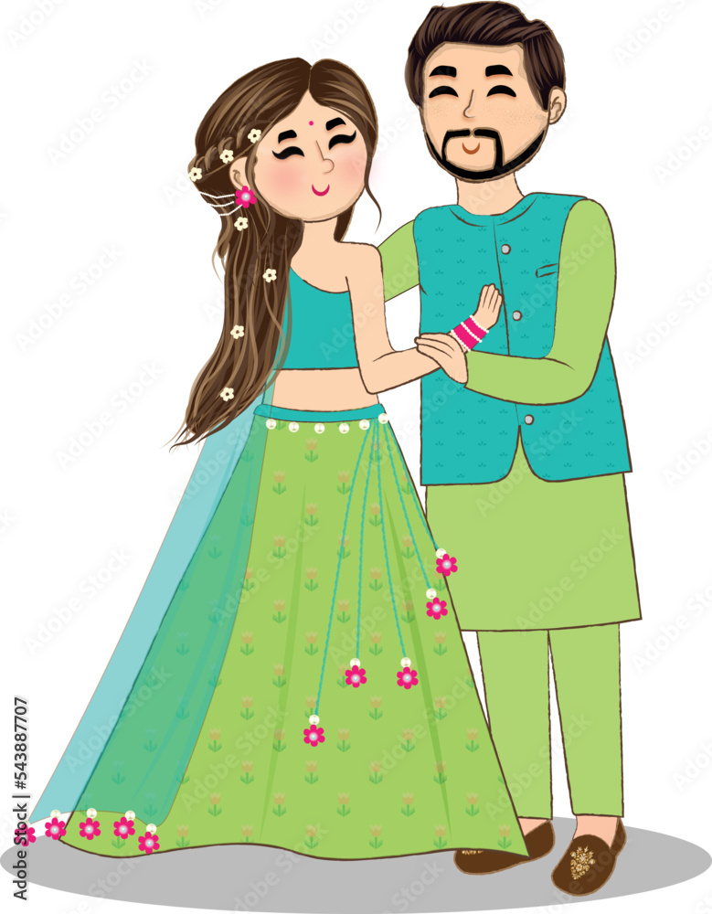 cute indian couple in mehendi outfits wedding couple on mehndi ceremony cartoon  indian cute bride and groom Stock Vector | Adobe Stock