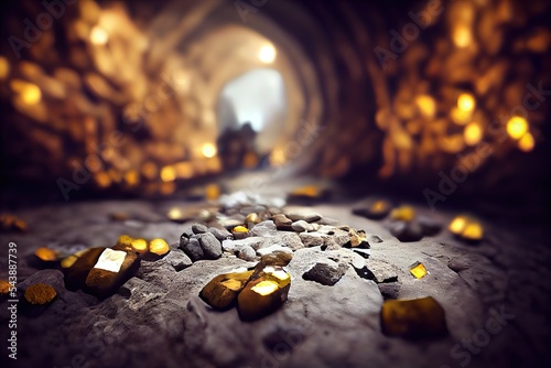 In a precious metal mine, ingots of gold lie on the floor among the gray dust. 3D illustration