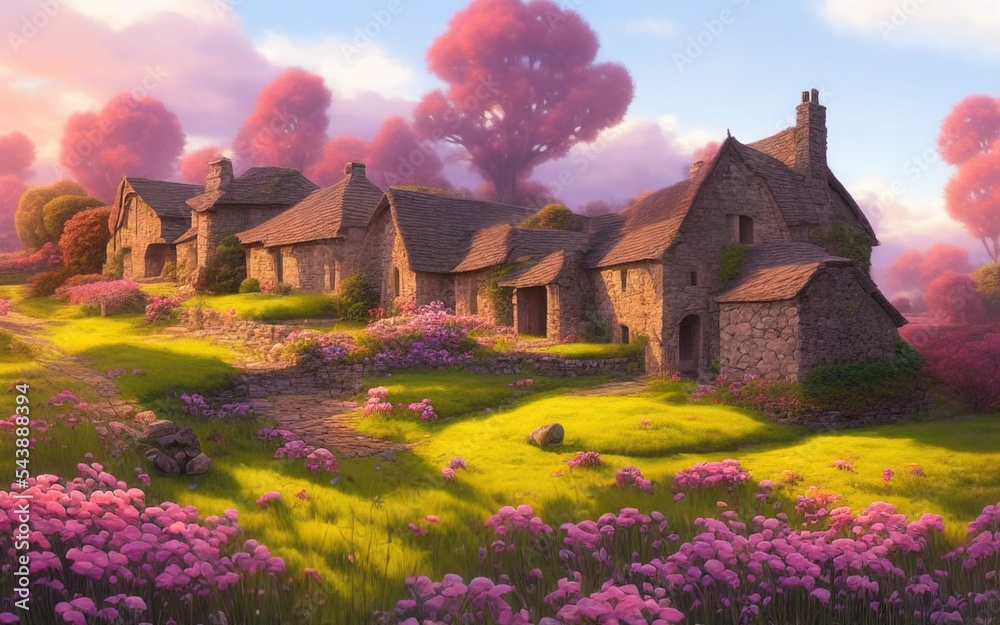 Fototapeta premium A cozy stone village house on a grass field against blue sky with clouds. Rural beautiful landscape with flowers and trees. Bright sunny day. Digital painting illustration.