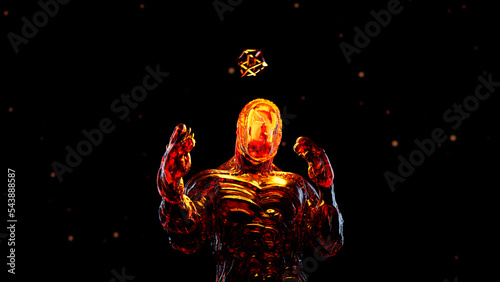 A fantastic cosmic being with an unstable transparent body  creates geometry in space. Cosmic deity  a person of the future or a character from another reality   Computer visualization  3d rendering