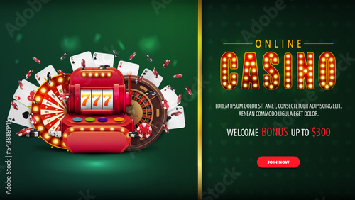 Online casino, green horizontal banner with button, offer, slot machine, Casino Wheel Fortune, Roulette, falling poker chips and playing cards.