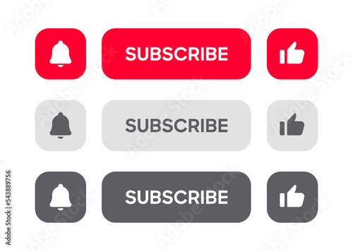 Subscribe button Bell, notification icon button and hand cursor click. Red button subscribe to channel social media, marketing, blog. Vector illustration for website, mobile app, UI UX. EPS 10