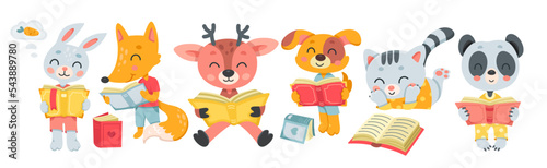 Cartoon isolated funny smart little characters love to study, forest animals reading fantasy and storybook, fairy tale literature from library. Cute animals read books set vector illustration