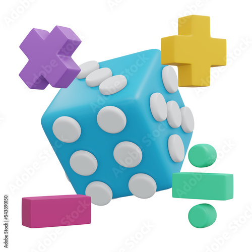3D render of rolling dice with basic math symbol minus plus multiply and equal cartoon style