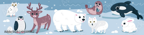 Cartoon isolated cute baby animal characters with funny polar bear, happy walrus with fish and penguin, white fox. Wild animals and birds of North, nature of Arctic and Antarctic