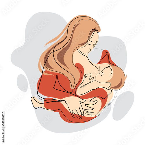 Breastfeeding illustration, Mother breastfeeding baby concept vector illustration.Minmal art design.Woman holding baby in her arms line drawing.emblem,logo,print