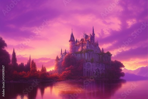 Old castle in a forest reflecting in a water of lake. Purple evening Sunset sky. Beautiful natural wallpaper. Digital painting illustration.