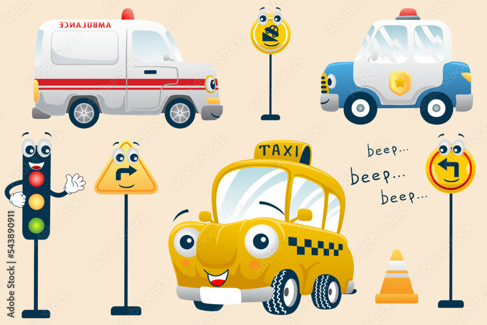 Vector illustration of funny vehicles cartoon with traffic signs Stock ...