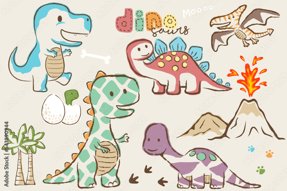Vector illustration of hand drawn dinosaurs cartoon, prehistoric elements