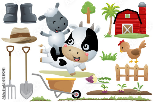 Vector illustration of farmfield elements, cute farm animals cartoon, funny sheep riding on cows back photo