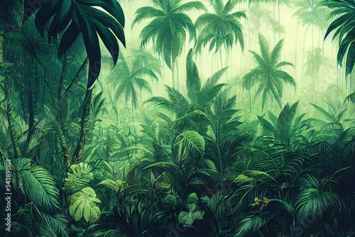 3d wallpapaper. Tropical forest, wild jungle. Closeup nature view of green leaf and palms background. Flat lay, dark nature concept, tropical leaf