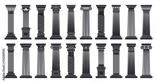 Cartoon roman columns, doric and corinthian architecture order silhouettes. Greek classic columns, black ancient temple columns flat vector illustration set. Antique colonnade silhouette