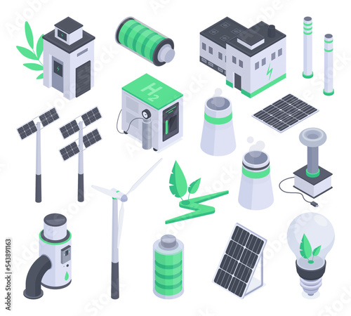 Isometric alternative energy sources, solar battery and windmills. Green renewable energy, electric car and wind generators 3d vector illustration collection. Alternative green energy set
