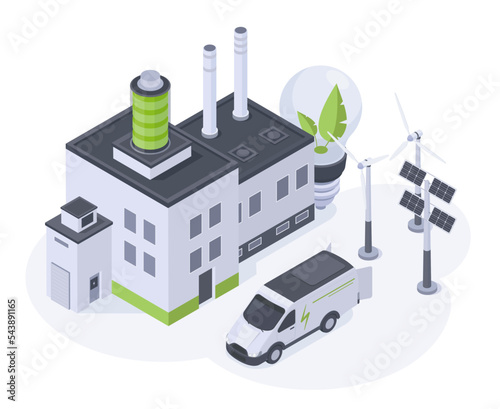 Isometric alternative energy factory with wind and solar energy. Renewable energy plant building, solar battery panels eco power station 3d vector illustration. Green energy factory concept