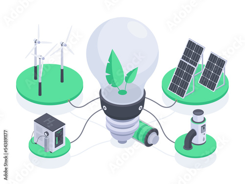 Alternative power sources, isometric green renewable energy concept. Eco friendly energy sources, solar panels and wind generator 3d vector illustration. Green energy concept