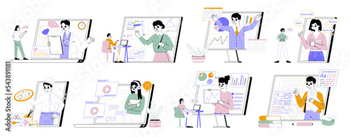 Online service, education, medical, business platform. People teaching, giving advice, online lesson and music streaming service flat vector illustration set. Education and entertainment app