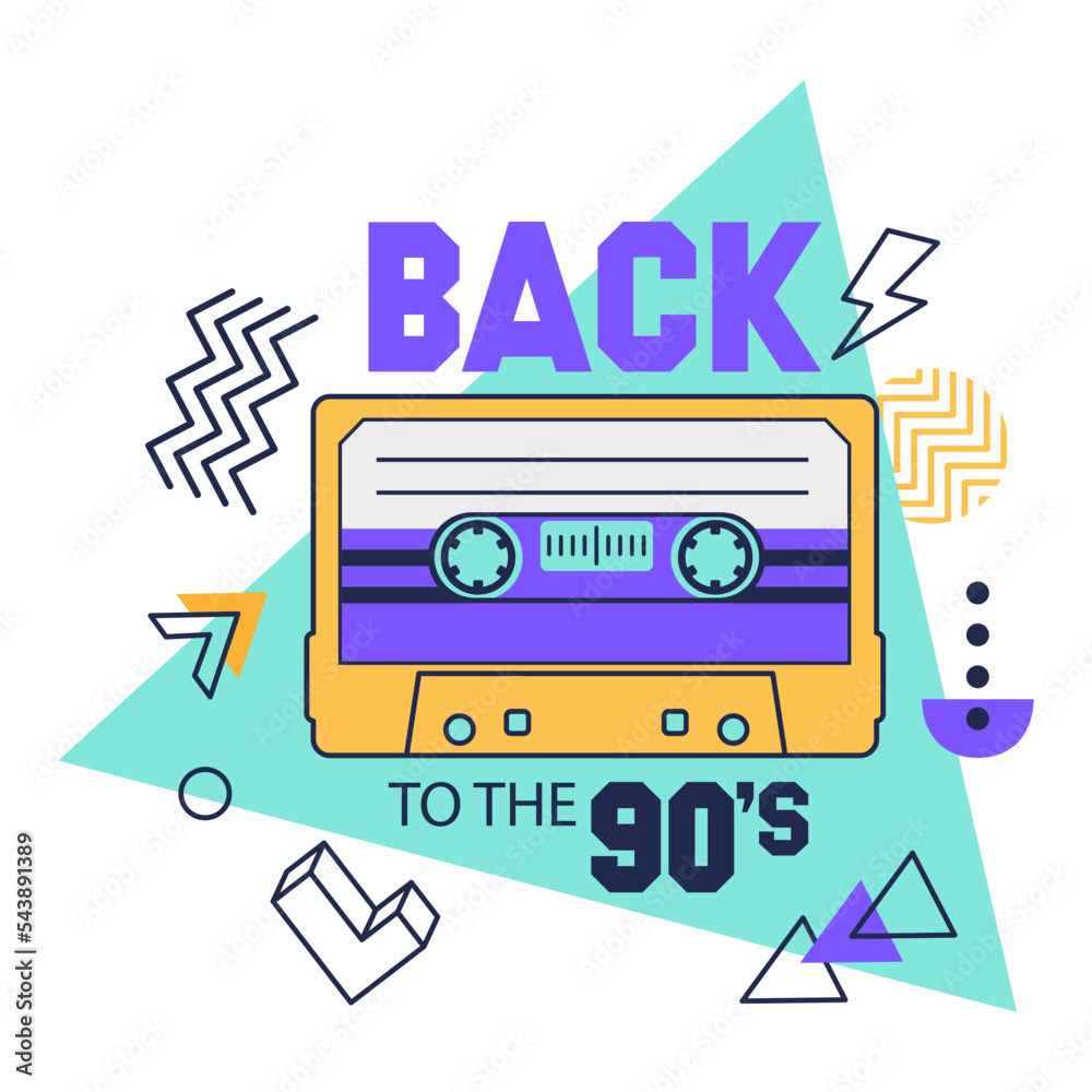 Retro cassette tape, 90s music party badge. Cartoon audio and stereo tape sticker, pop culture song tape vector background illustration. Vintage 80s tape player badge