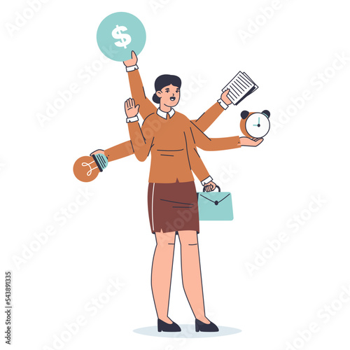 Multitasking female person, busy office worker. Productive business lady, professional multitasking character with many hands flat vector illustration set. Juggle business woman