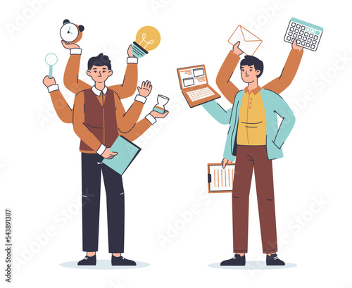 Productive, multitasking office workers with many hands. Successful business people doing many things simultaneously flat vector illustration set. Multitasking busy male characters