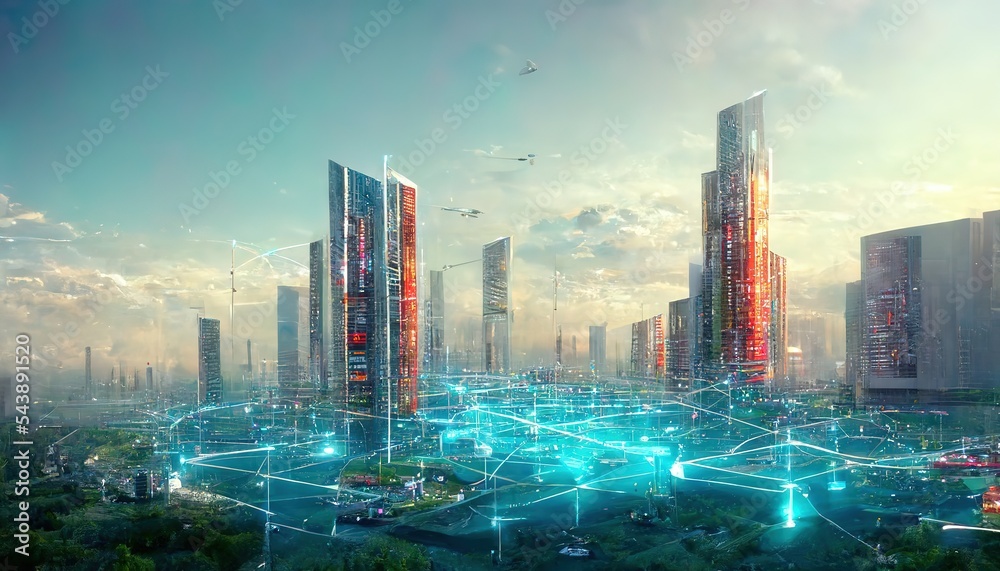 Smart city technology with futuristic graphic of digital data transfer