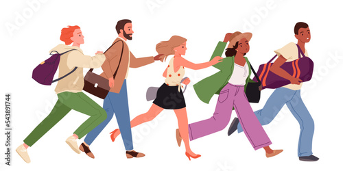 Cartoon isolated diverse crowd of young active adult characters running fast, man and woman in casual clothes rush on urgent goals, buyers run on shopping. People run in hurry vector illustration