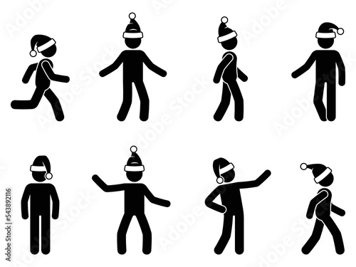 Happy stick figure man in Santa hat vector illustration set. Stickman holiday celebration walking, jumping, waving icon silhouette pictogram