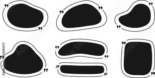 Quote frames with brackets. Text messages liquid bubbles black templates. Abstract quotes balloons vector design for post, cards, ad banners