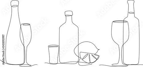 Continuous lines glass and bottles. One line champagne, wine and tequila with lemon slice. Vector isolated alcoholic drinks decorative elements