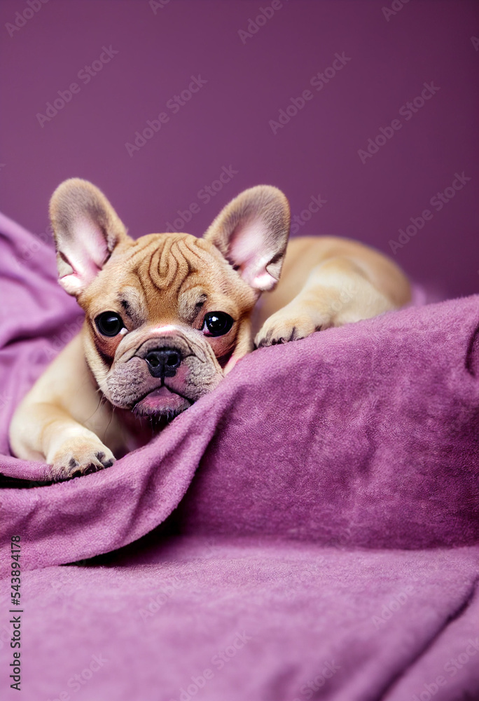 Cute French Bulldog puppy lying on a pink blanket