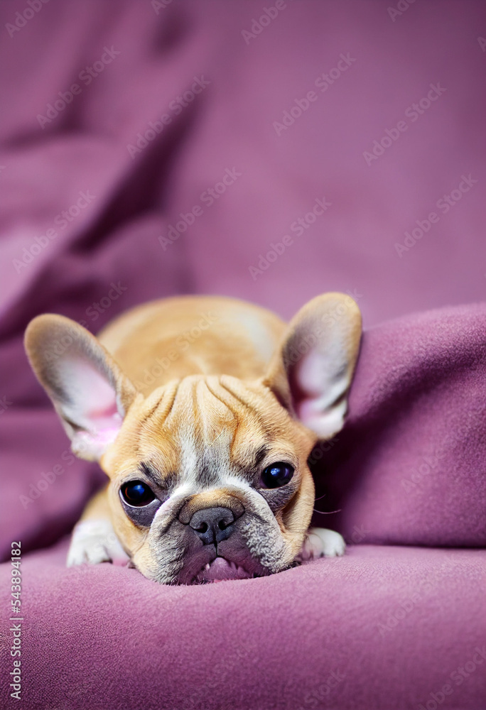 Cute French Bulldog puppy lying on a pink blanket