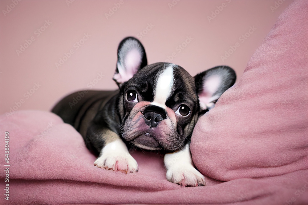 Cute French Bulldog puppy lying on a pink blanket Cute French Bulldog puppy lying on a pink blanket