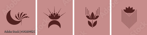 Mystic lotus decorative elements with moon or crescent, dots and lines. Floral magic decor, creative graphic vector design. Spa, wellness, yoga logo