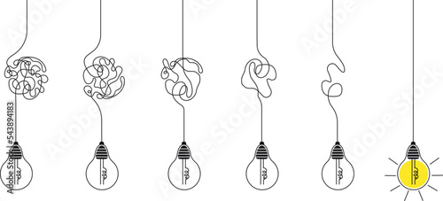 Tangled lines problem solving business metaphor and lamps. Simplicity untangled concept. Positive easier thinking way decent vector banner