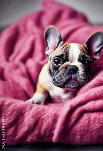 Cute French Bulldog puppy lying on a pink blanket © Paulina
