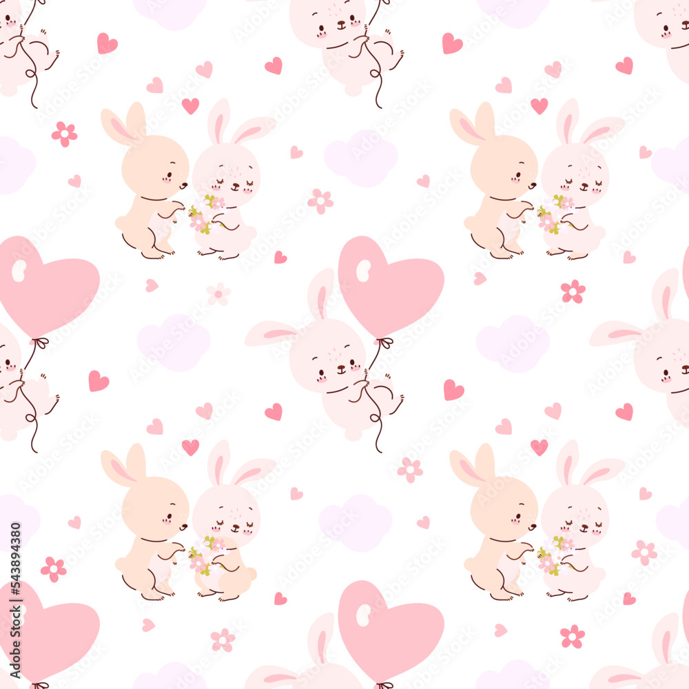 Love animals seamless pattern. Cute cartoon bunny with hearts, funny rabbits together. Pastel hare fly on heart balloon, nowaday childish vector print Love animals seamless pattern. Cute cartoon bunny with hearts, funny rabbits together. Pastel hare fly on heart balloon, nowaday childish vector print