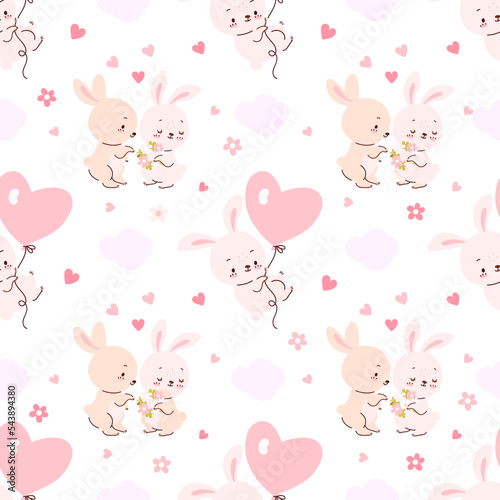 Love animals seamless pattern. Cute cartoon bunny with hearts, funny rabbits together. Pastel hare fly on heart balloon, nowaday childish vector print