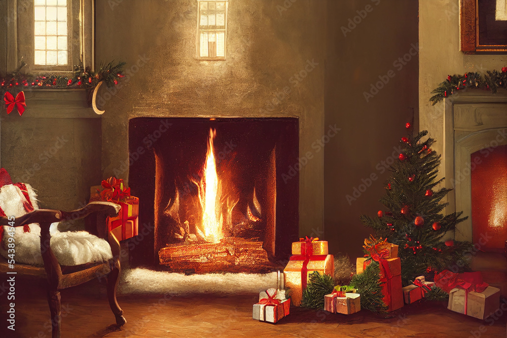 Living room home interior with christmas tree and fireplace