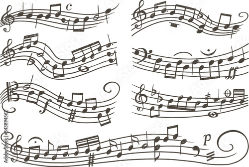 Musical staff with notes. Isolated tune music banners. Melodious inspirational elements, musician swirl lines. Song vintage neoteric vector design