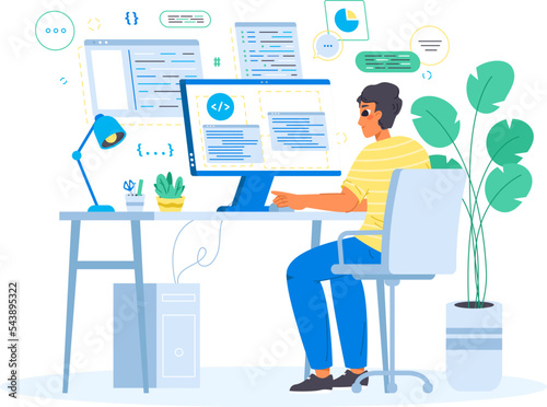 Young male programmer, geek character develop database or software. Teenager developer, freelancer programming on computer, snugly vector man