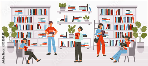 Teens in library reading books. Cheerful students study together in university. Communication and learning, read book in snugly bookstore vector scene
