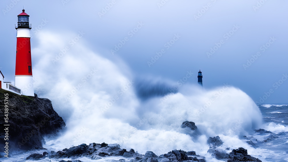 Large stormy waves on the ocean with a lighthouse, white foam of the waves. Seascape with lighthouse, storm on the sea.