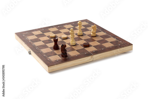 A chessboard with walking figures placed on a white background. Strategy game.