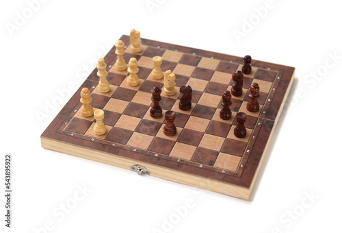 A chessboard with walking figures placed on a white background. Strategy game.