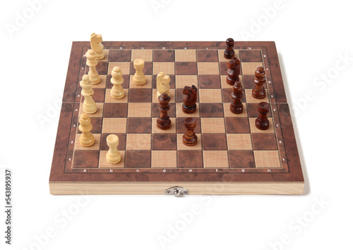 A chessboard with walking figures placed on a white background. Strategy game.