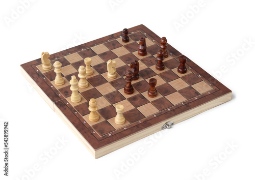 A chessboard with walking figures placed on a white background. Strategy game.