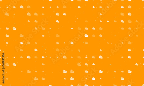 Seamless background pattern of evenly spaced white piece of cake symbols of different sizes and opacity. Vector illustration on orange background with stars