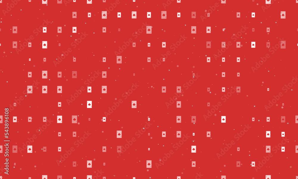 Seamless background pattern of evenly spaced white ace of spades cards of different sizes and opacity. Vector illustration on red background with stars