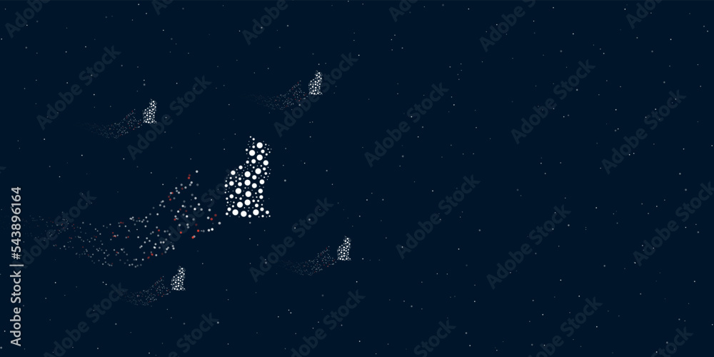A cat symbol filled with dots flies through the stars leaving a trail behind. Four small symbols around. Empty space for text on the right. Vector illustration on dark blue background with stars