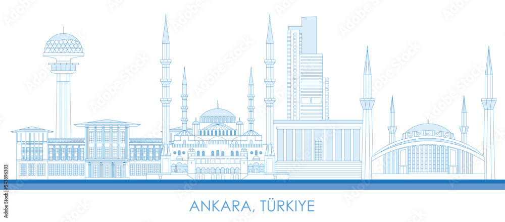 Outline Skyline panorama of city of Ankara, Turkiye - vector illustration