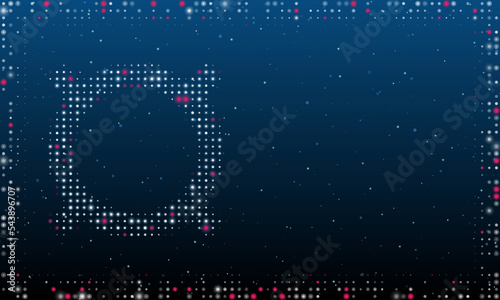 On the left is the currency symbol filled with white dots. Pointillism style. Abstract futuristic frame of dots and circles. Some dots is pink. Vector illustration on blue background with stars